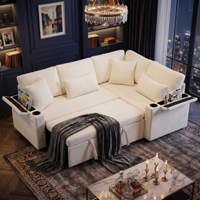 Fenchilin L-Shaped Sofa Bed With Pull-Out Sleeper Chaise Storage Armrest Storage Charging Cup Holder Beige - image 1
