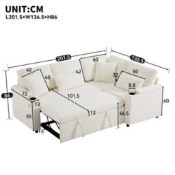 Fenchilin L-Shaped Sofa Bed With Pull-Out Sleeper Chaise Storage Armrest Storage Charging Cup Holder Beige - thumbnail 5