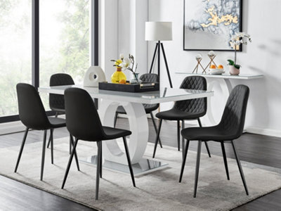 Furniturebox Giovani Rectangular 6 Seat White High Gloss Unique Halo Dining Table Grey Glass Top 6 Black Faux Leather Black Leg Corona Chairs - image 1