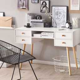 Beliani Home Office Desk White 4-Drawer With Solid Pine Legs, W110 X D55 X H78Cm - thumbnail 2
