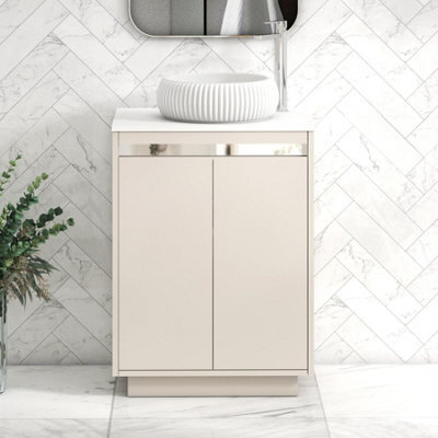 Royal Bathrooms Orion 600mm Warm Taupe Floor Standing Plain White Countertop Vanity Unit 2 Door With Milan Basin & Chrome Accent Trim - image 1