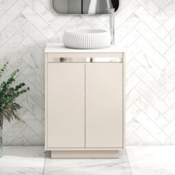 Royal Bathrooms Orion 600mm Warm Taupe Floor Standing Plain White Countertop Vanity Unit 2 Door With Milan Basin & Chrome Accent Trim - thumbnail 1
