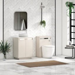 Royal Bathrooms Orion 600mm Warm Taupe Floor Standing Plain White Countertop Vanity Unit 2 Door With Milan Basin & Chrome Accent Trim - thumbnail 3