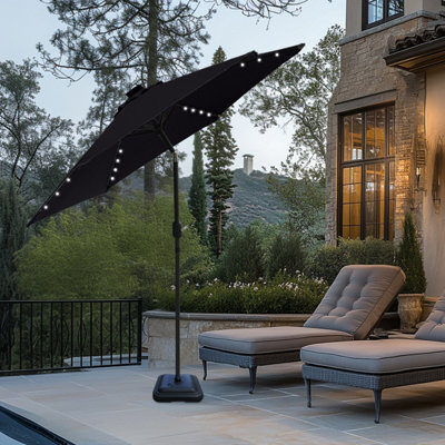 Sundaze 2.5M Black Garden Parasol With Solar Led Lights Crank Tilt Outdoor Patio Umbrella, Base Weights