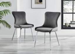 Furniturebox Set Of 2 Dining Chairs - Nora Premium Dining Chairs - Grey Velvet Chrome Leg Dining Chairs - Kitchen Dining Room Chairs