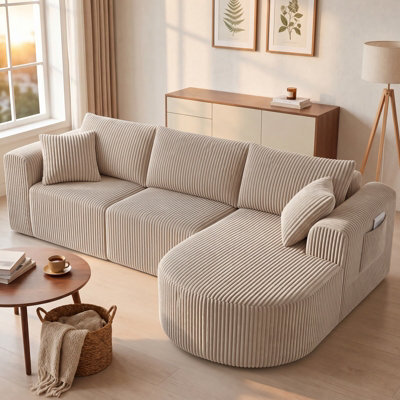 Luckracer Boneless Corner Sofa Couch Cloud Modular Sectional Sofa L Shaped Memory Foam Corduroy 245Cm, Light Facing Chaise Beige - image 1
