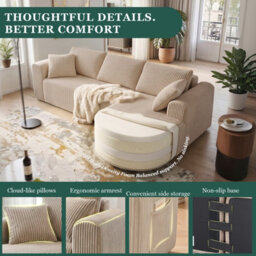 Luckracer Boneless Corner Sofa Couch Cloud Modular Sectional Sofa L Shaped Memory Foam Corduroy 245Cm, Light Facing Chaise Beige - thumbnail 3