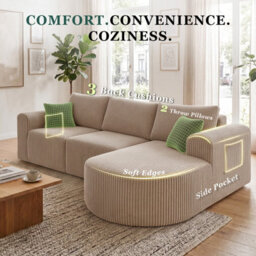Luckracer Boneless Corner Sofa Couch Cloud Modular Sectional Sofa L Shaped Memory Foam Corduroy 245Cm, Light Facing Chaise Beige - thumbnail 8