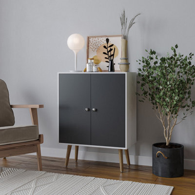 Urbn-Living Urbnliving 60Cm Height 2 Tier Black Wooden Bookcase With White Door Scandinavian Style Beech Legs Bedroom Shelf - image 1