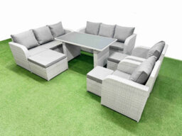 Fimous 11 Seater Wicker Pe Rattan Furniture Outdoor Dining Table 3 Seater Sofa Reclining Chair Set With 3 Stools Light Grey - thumbnail 1