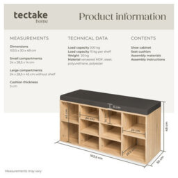 Tectake Shoe Rack - Storage Cabinet For 10 Pairs Of Shoes, Bench With Seat Cushion, 103.5 X 48 X 30 Cm - 103.5 Cm - Dark Grey/light Oak - thumbnail 6