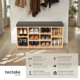 Tectake Shoe Rack - Storage Cabinet For 10 Pairs Of Shoes, Bench With Seat Cushion, 103.5 X 48 X 30 Cm - 103.5 Cm - Dark Grey/light Oak - thumbnail 2
