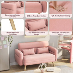 Yaheetech Pink 2 Seater Modern Small Fabric Loveseat Sofa With Lumbar Pillows And Solid Wood Legs - thumbnail 5