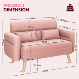 Yaheetech Pink 2 Seater Modern Small Fabric Loveseat Sofa With Lumbar Pillows And Solid Wood Legs - thumbnail 3