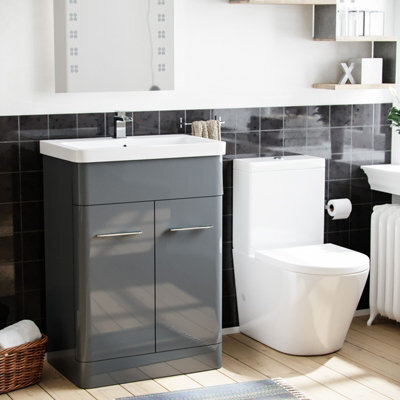 Nes Home 600mm Vanity Basin Unit & Rimless Close Coupled Toilet Grey - image 1