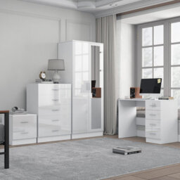 Reflect 2 Door Mirror Wardrobe, 5 Drawer Chest, 2 Drawer Bedside & Desk - White Gloss & Matt White - Modern Bedroom Furniture Set