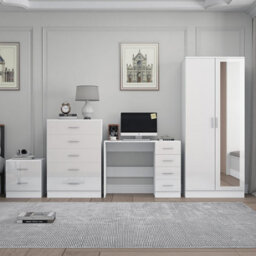 Reflect 2 Door Mirror Wardrobe, 5 Drawer Chest, 2 Drawer Bedside & Desk - White Gloss & Matt White - Modern Bedroom Furniture Set - thumbnail 3