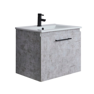 Homestylestore 600mm Concrete Grey Wall Hung Bathroom Vanity Unit And Black T Bar Handle - image 1