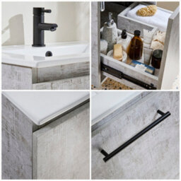 Homestylestore 600mm Concrete Grey Wall Hung Bathroom Vanity Unit And Black T Bar Handle - thumbnail 4