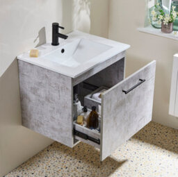 Homestylestore 600mm Concrete Grey Wall Hung Bathroom Vanity Unit And Black T Bar Handle - thumbnail 3