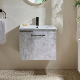 Homestylestore 600mm Concrete Grey Wall Hung Bathroom Vanity Unit And Black T Bar Handle - thumbnail 2