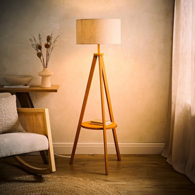 Valuelights Morrigan Linen Fabric Drum Shade Mid Wood Tripod Floor Lamp And Bulb - image 1