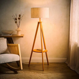 Valuelights Morrigan Linen Fabric Drum Shade Mid Wood Tripod Floor Lamp And Bulb - thumbnail 1