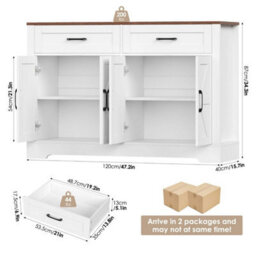 White Sideboard Buffet Cabinet, 120 Cm Kitchen Storage Cabinet With 2 Drawers 4 Doors - thumbnail 2