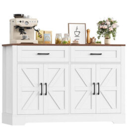 White Sideboard Buffet Cabinet, 120 Cm Kitchen Storage Cabinet With 2 Drawers 4 Doors - thumbnail 1