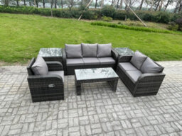 Fimous 6 Seater High Back Rattan Garden Furniture Set With Coffee Table 2 Side Tables Indoor Patio Lounge Sofa Set - thumbnail 1