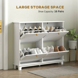 Narrow Shoe Cabinet With 4 Flip Drawers Adjustable Shelves, White - thumbnail 4