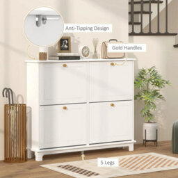 Narrow Shoe Cabinet With 4 Flip Drawers Adjustable Shelves, White - thumbnail 1