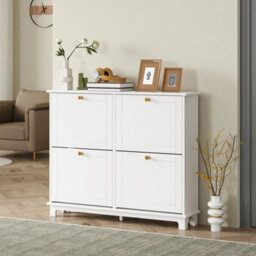 Narrow Shoe Cabinet With 4 Flip Drawers Adjustable Shelves, White - thumbnail 3