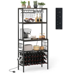 Gainoom Wine Organizer Grey Multi-Tier Bakers Rack With Mug Holders & 24 Bottle Holders