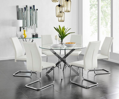 Furniturebox Uk Novara Chrome Metal And Glass Large Round Dining Table And 6 White Lorenzo Chairs Set - image 1