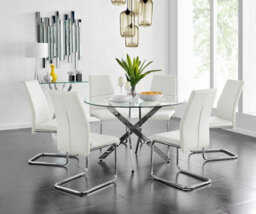 Furniturebox Uk Novara Chrome Metal And Glass Large Round Dining Table And 6 White Lorenzo Chairs Set - thumbnail 1