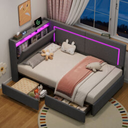 Merax 3Ft Single Daybed 90X190 Cm, Linen Sofa Bed With Led Headboard, 2 Storage Drawers, Charging Station, Grey - thumbnail 3