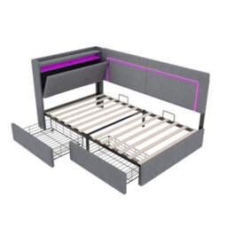 Merax 3Ft Single Daybed 90X190 Cm, Linen Sofa Bed With Led Headboard, 2 Storage Drawers, Charging Station, Grey - thumbnail 8