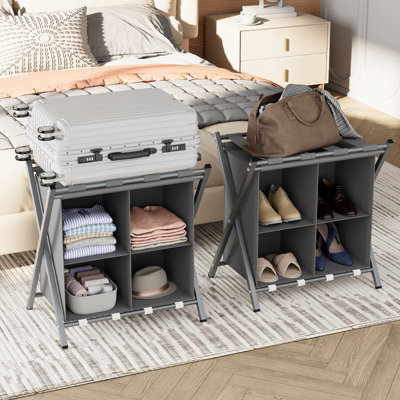 Huhote Two Tier Metal Folding Luggage Rack Stand With Storage 2 X Grey Suitcase Stands For Home Hotel Suitcase Holders - image 1