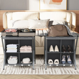 Huhote Two Tier Metal Folding Luggage Rack Stand With Storage 2 X Grey Suitcase Stands For Home Hotel Suitcase Holders - thumbnail 2