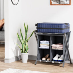 Huhote Two Tier Metal Folding Luggage Rack Stand With Storage 2 X Grey Suitcase Stands For Home Hotel Suitcase Holders - thumbnail 9