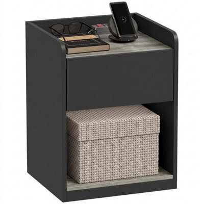 Bedside Table With Drawer And Open Shelf, Black And Grey Wood Effect - image 1