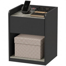 Bedside Table With Drawer And Open Shelf, Black And Grey Wood Effect - thumbnail 4