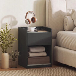 Bedside Table With Drawer And Open Shelf, Black And Grey Wood Effect - thumbnail 3