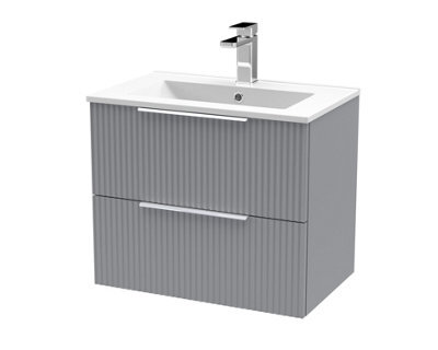 Hudson Reed Fluted Wall Hung 2-Drawer Vanity And Minimalist Basin, Contemporary Sink Vanity Unit, Satin Grey, 600mm - image 1