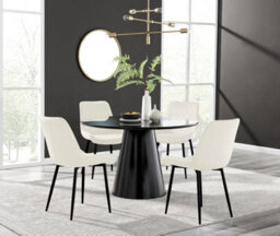 Furniturebox Palma Black Semi Gloss Round Dining Table & 4 Cream Pesaro Black Leg Chairs