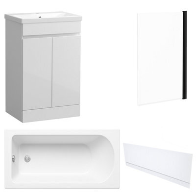 FNX Bathrooms Waterproof 600mm Vanity Unit With Single Ended Bath, Gloss White Front Panel & Matt Black Profile Bath Screen - image 1