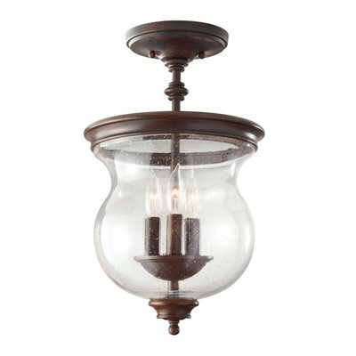 Elegant 3 Bulb Semi Flush Light With Storm Glass Shade In Heritage Bronze Finish