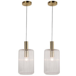 First Choice Lighting Set Of 2 Fluted Glass Pendant With Clear Glass And Bronze