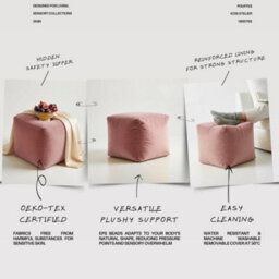 Kosi Atelier Kosiatelier Bean Bag Velvet Footstool Ottomona Cube Pouf Chair Pouffe, Polystyrene Beads Filled - English Rose, 35Cm X 35Cm X 35Cm - thumbnail 5